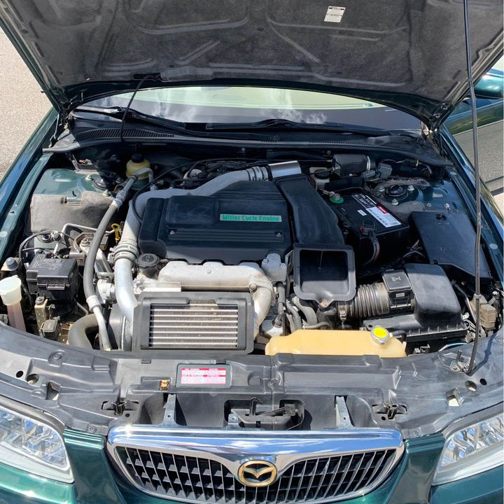 Engine bay of 1999 Mazda Millenia S with supercharged Miller Cycle KJ-ZEM V6